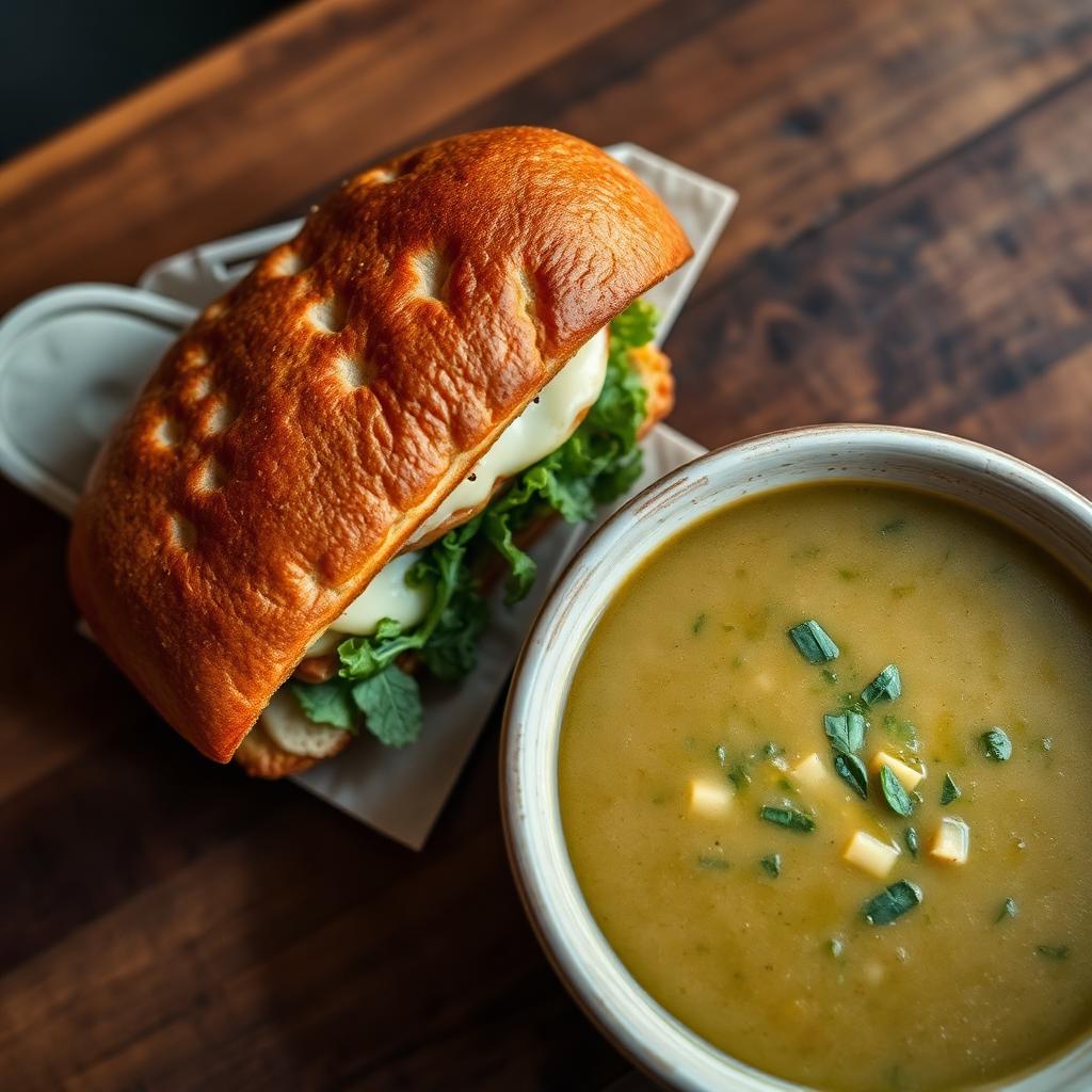 Cheese & Coffee sandwich on focaccia served with a bowl of green chili chicken soup